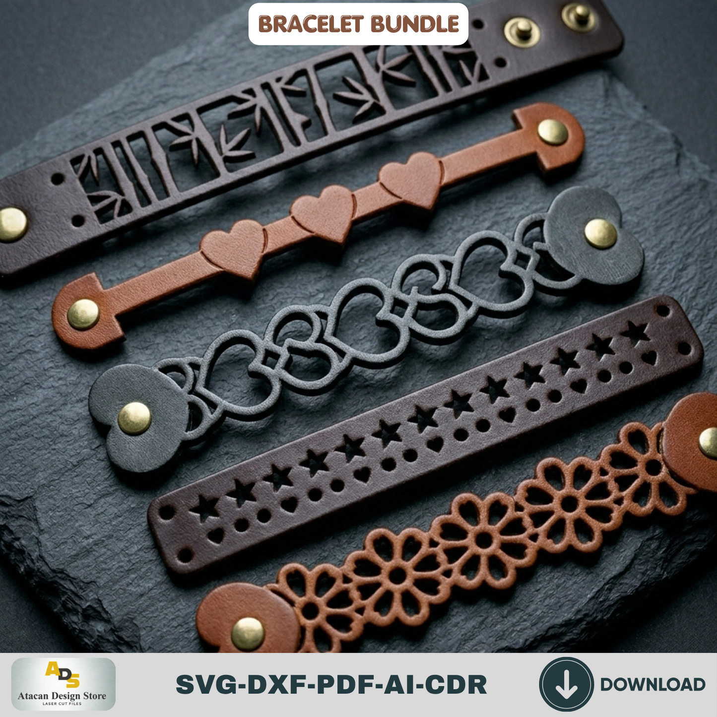 Leather Bracelet Laser Cut Template Bundle, Boho Geometric Cuff Wristband Pattern