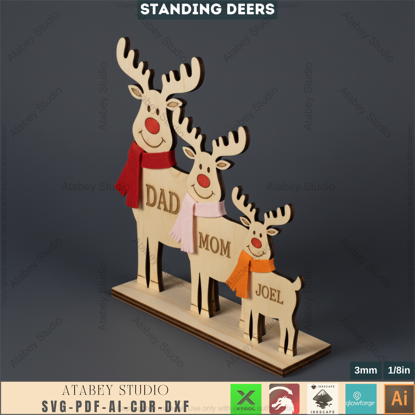 Personalized Reindeer Family Laser Cut Design, Freestanding Christmas Deer Decor, Custom Name Tabletop Sign 970