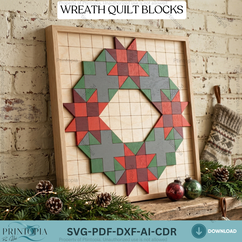 Geometric Christmas Wreath Barn Quilt Block Pattern Wooden Wall Art Laser Cut Template 338