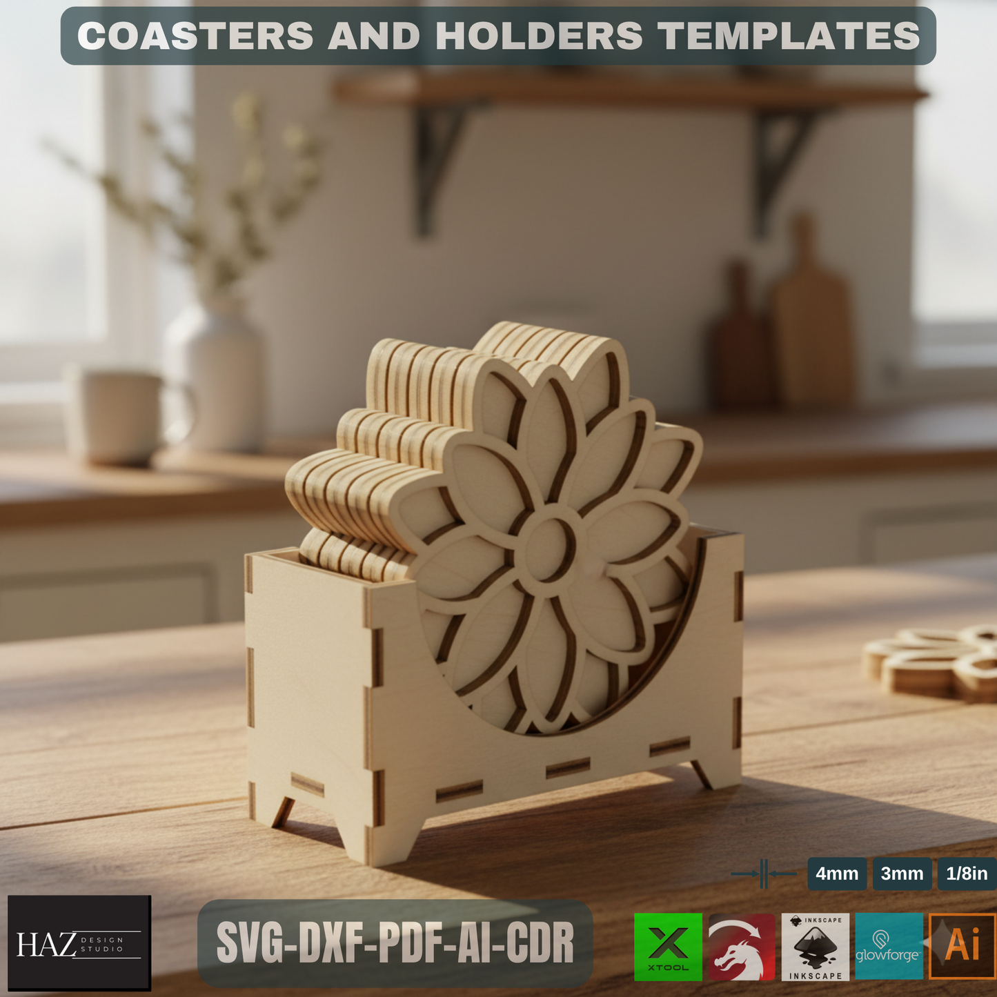 Floral Coaster Designs with Holder / Digital File for Laser Cutting / Decorative Coaster and Box Bundle 483