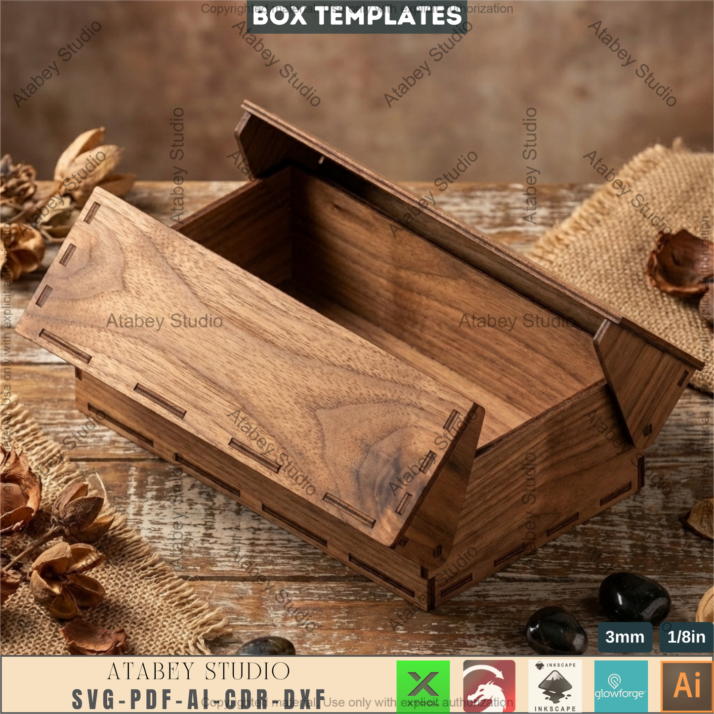 Wooden Storage Box Laser Cut Templates, Hinged Lid Keepsake Pattern 994