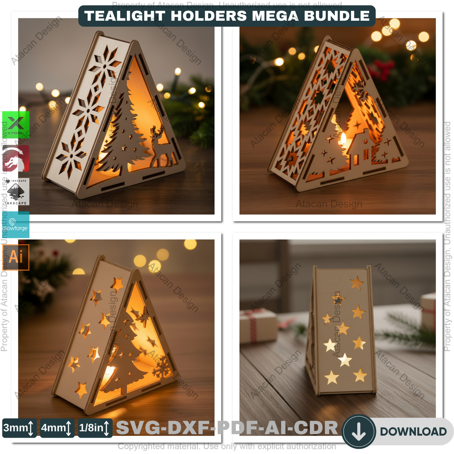 Christmas Pyramid Candle Holder Bundle Laser Cut Template Tealight Lantern Designs Winter Wood Decor Night Lights 919