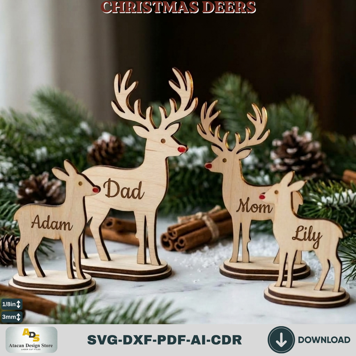 Wooden Deer Laser Cut Bundle – 3 Freestanding Reindeer Designs 983