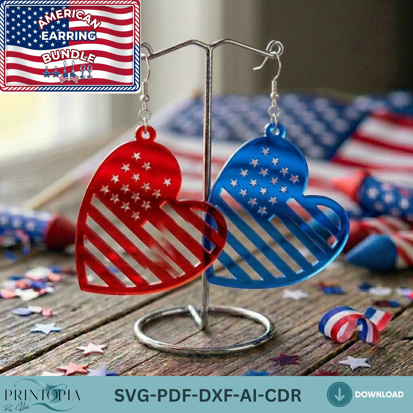 Patriotic Earring SVG Bundle, 4th of July Laser Cut File, USA Flag Acrylic Earrings DXF