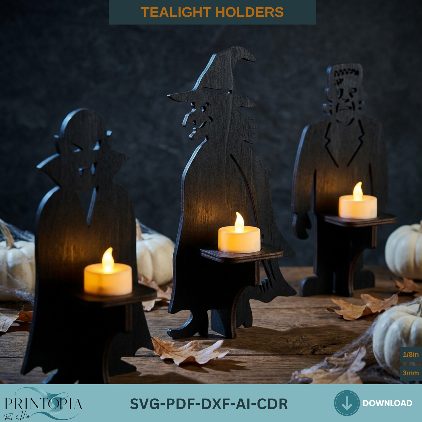 Halloween Monster Tealight Holder Laser Cut File SVG Vampire Witch Frankenstein
