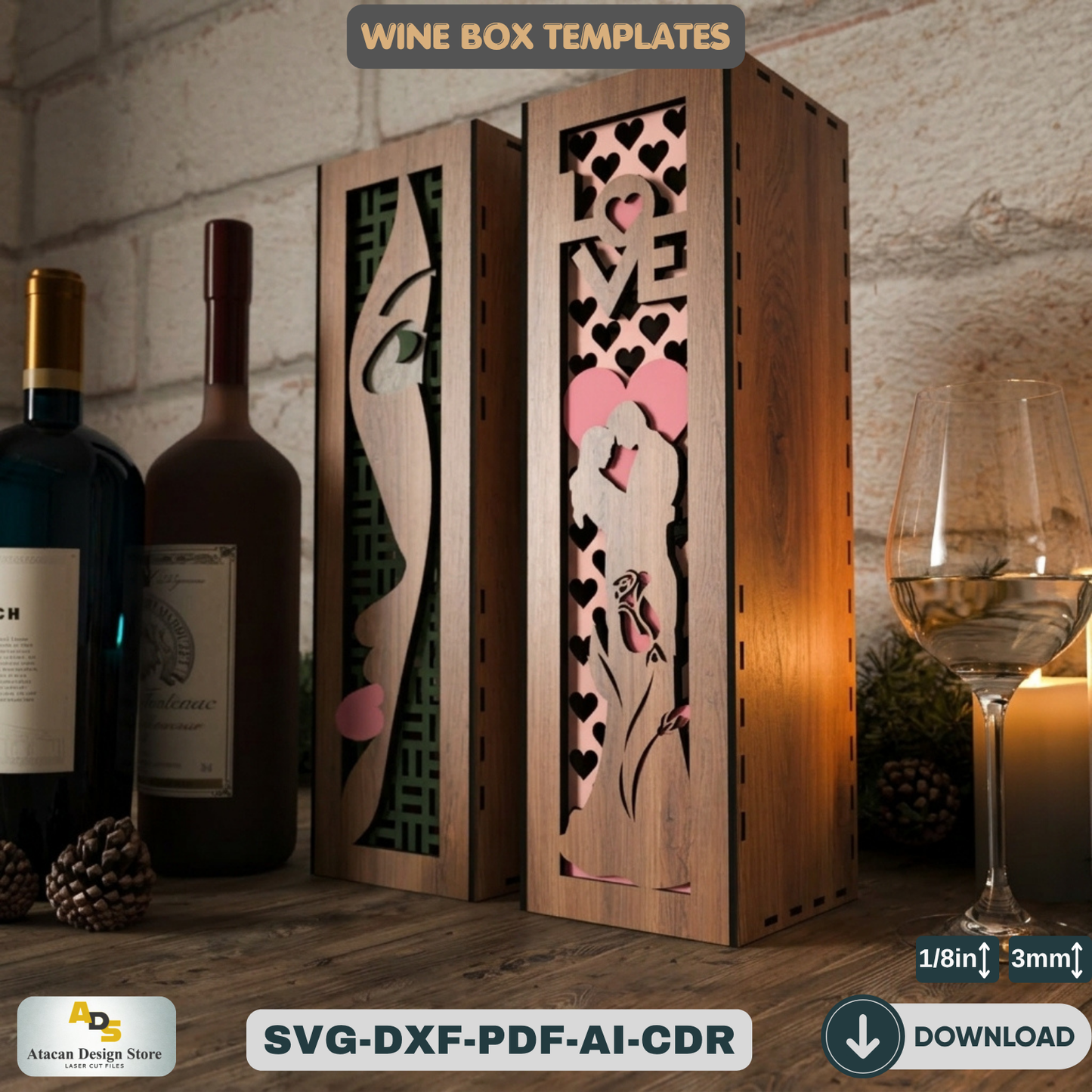 Laser Cut Wooden Wine Bottle Box – Love and Artistic Women Theme for Special Occasions 801