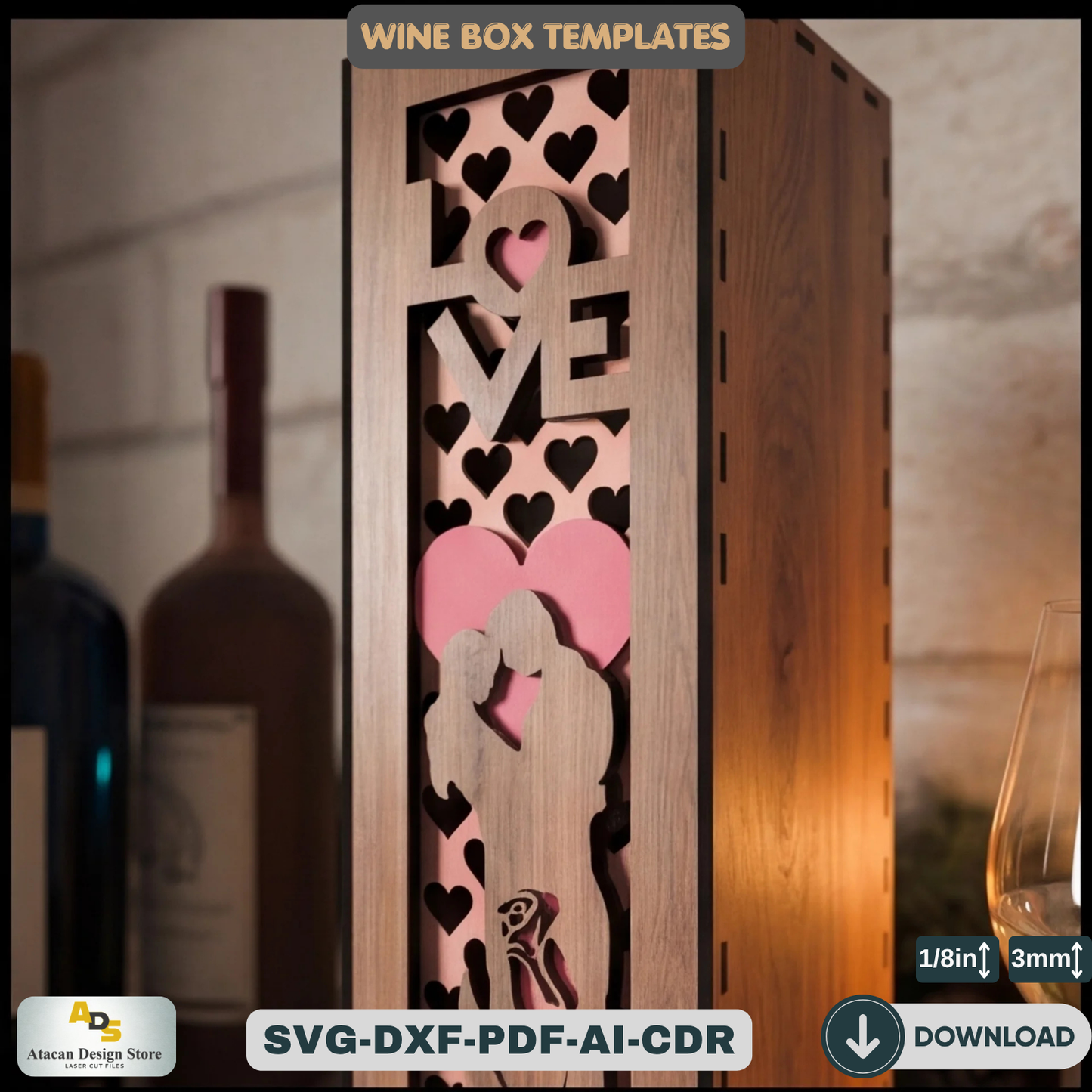 Laser Cut Wooden Wine Bottle Box – Love and Artistic Women Theme for Special Occasions 801