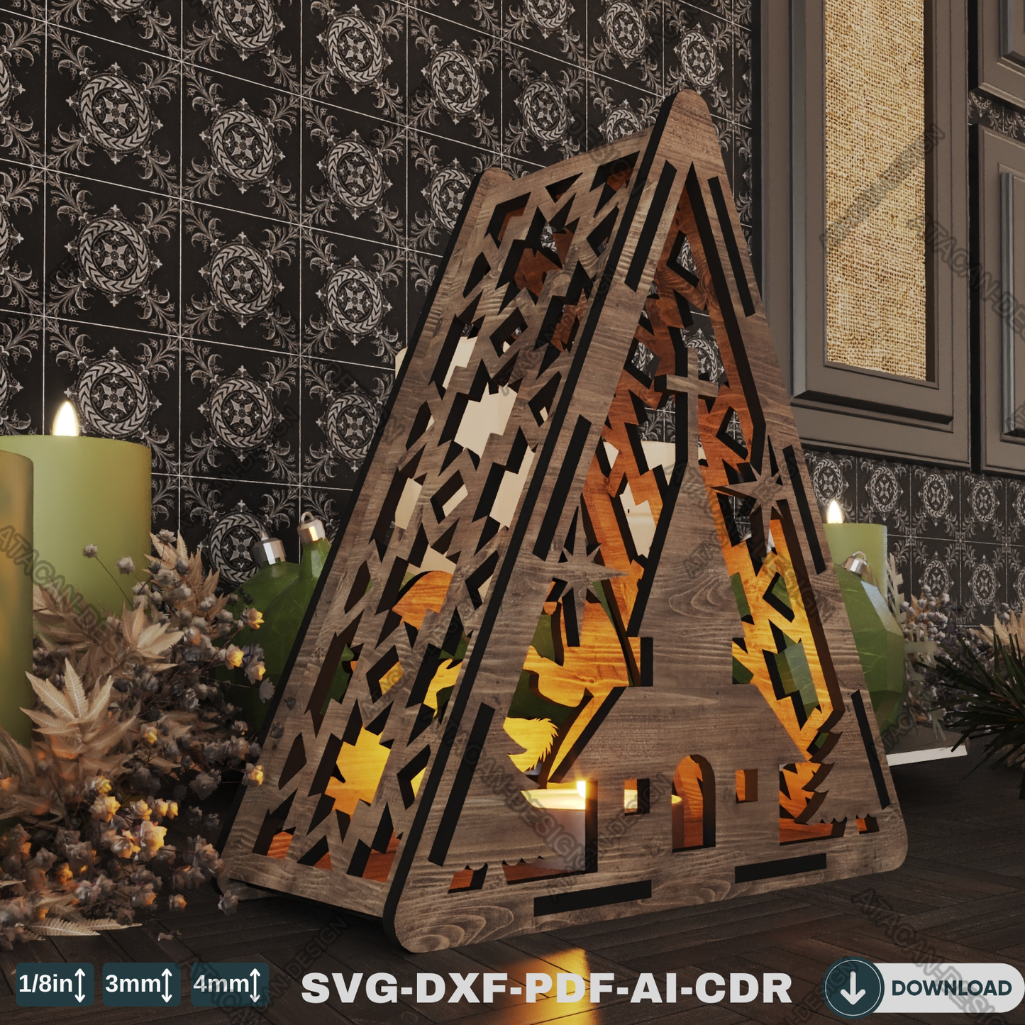 Religious Triangle Lantern - Laser Cut Candle Holder for Christmas and Home Décor 777