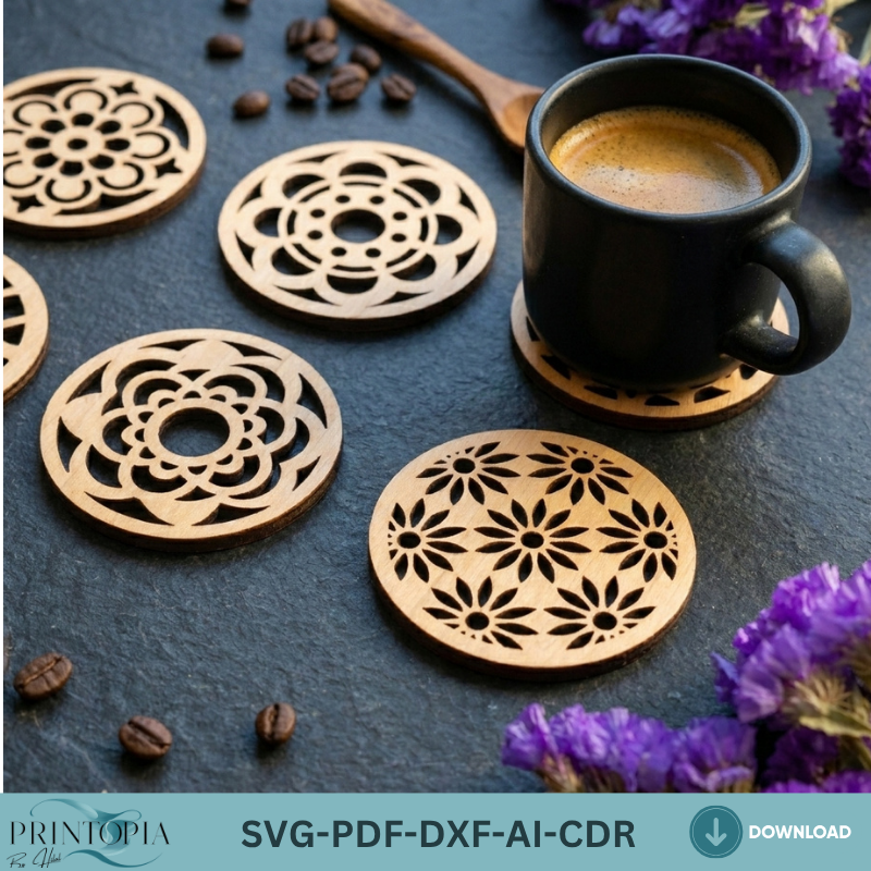 Modern Geometric Floral Wood Coaster Templates Plywood Kitchen Decor Patterns