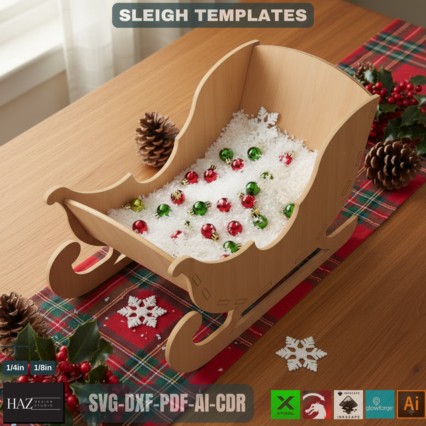 Santa Sleigh Christmas Collection / New Year Sleighs decor / Glowforge ready, Wooden Craft DIY 126