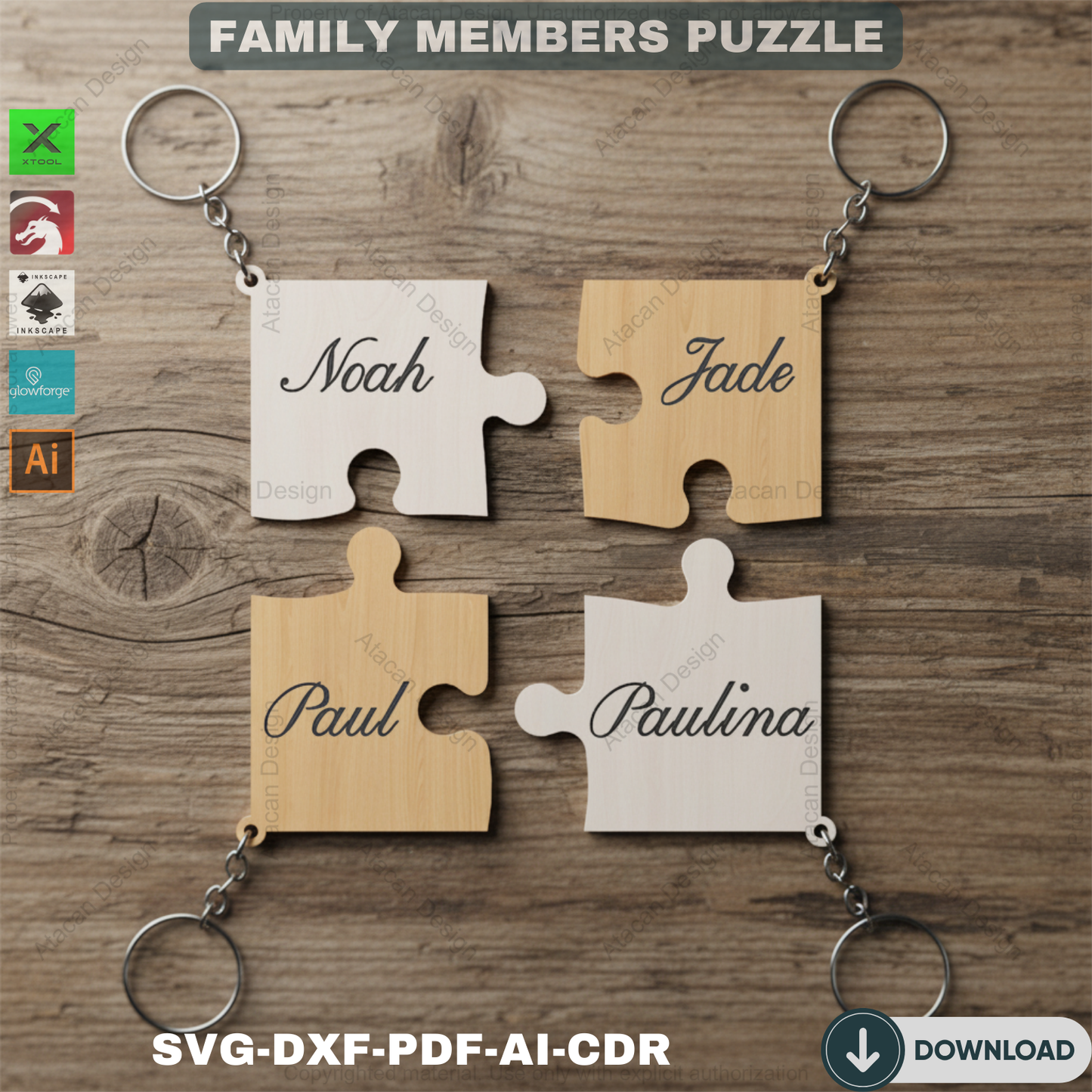 Family Puzzle Keychain Vector Cut Files / Our Family Puzzles / Keyring Personalize Vector files / SVG DXF CDR 542