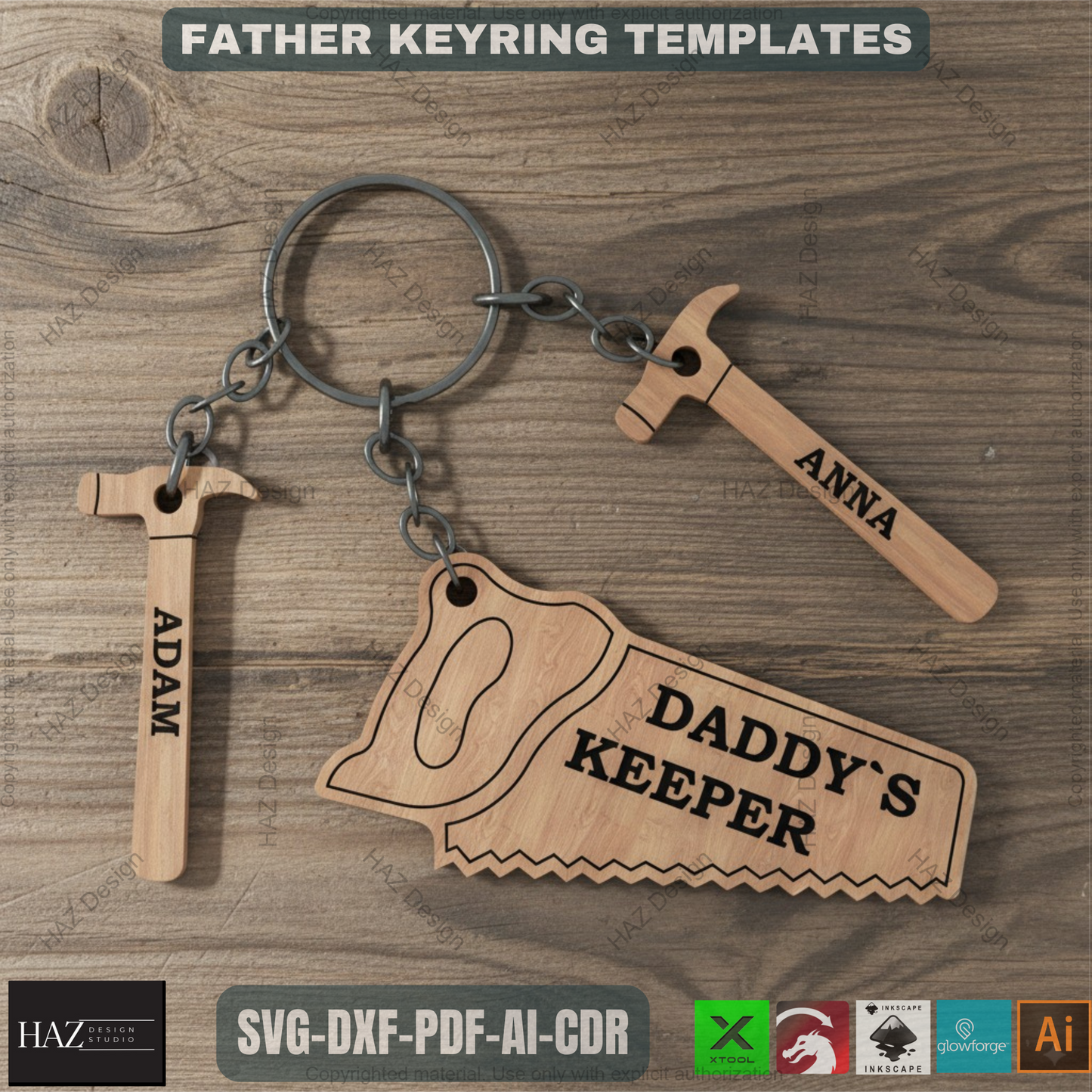 Fathers day Key chain Daddys keeper SAW HAMMER SVG laser cut file /  Mallet best father's day gift keyring cut plan 335