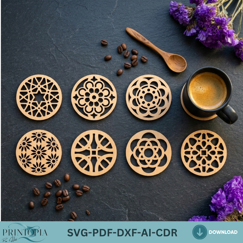 Modern Geometric Floral Wood Coaster Templates Plywood Kitchen Decor Patterns