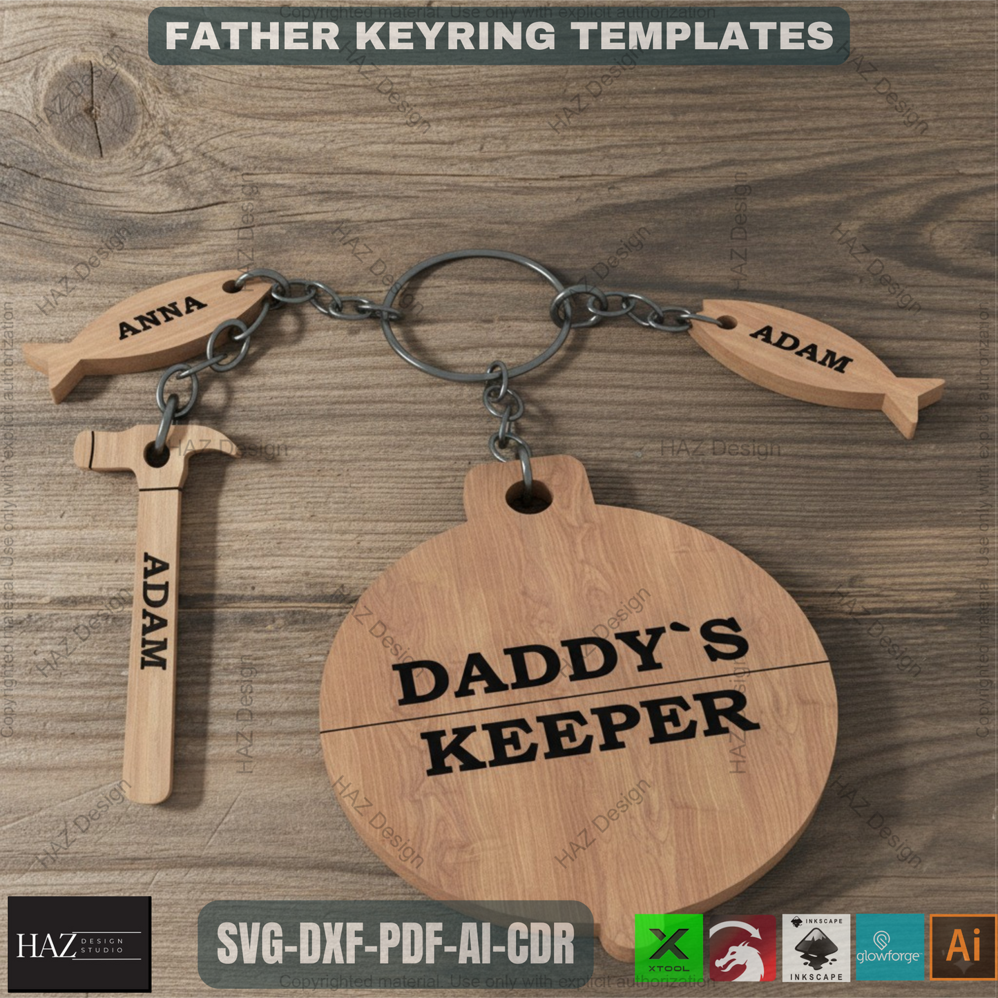 Fathers day Key chain Daddys keeper SAW HAMMER SVG laser cut file /  Mallet best father's day gift keyring cut plan 335