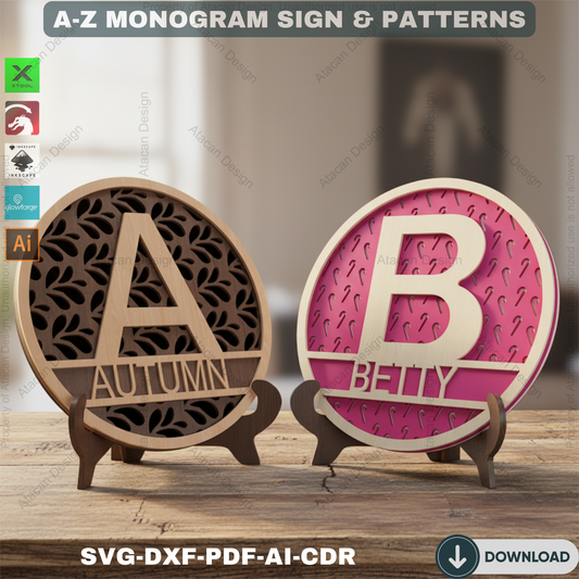 Personalized Split Monogram Name Sign - Custom Family Name with Patterned Backer 556