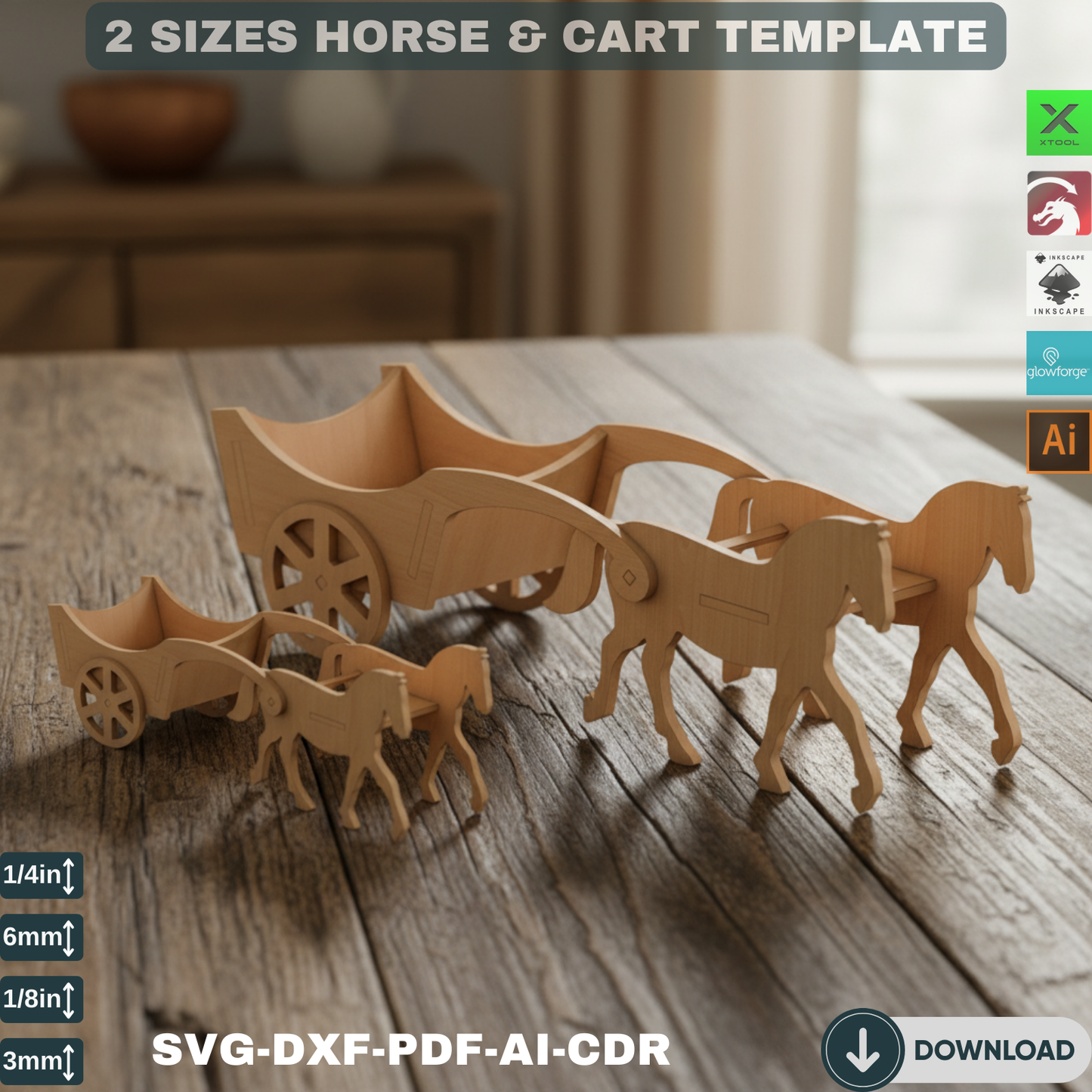 Laser Cut Horse Cart SVG DXF - Farm Wagon Template, Wooden Toy Plan, Glowforge Files, Digital Download, 2 Sizes, DIY Craft Kit 155