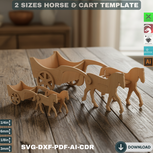 Laser Cut Horse Cart SVG DXF - Farm Wagon Template, Wooden Toy Plan, Glowforge Files, Digital Download, 2 Sizes, DIY Craft Kit 155