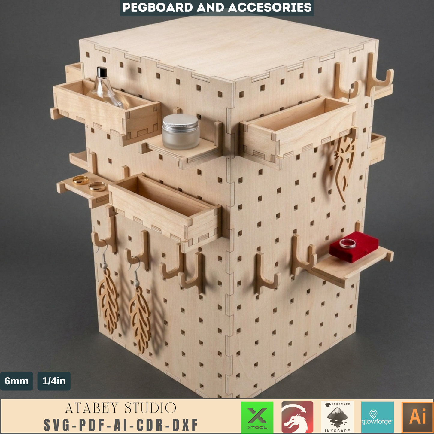 Multi Functional Pegboard Box Earring Display - Jewelry Stand with Hooks and Shelves