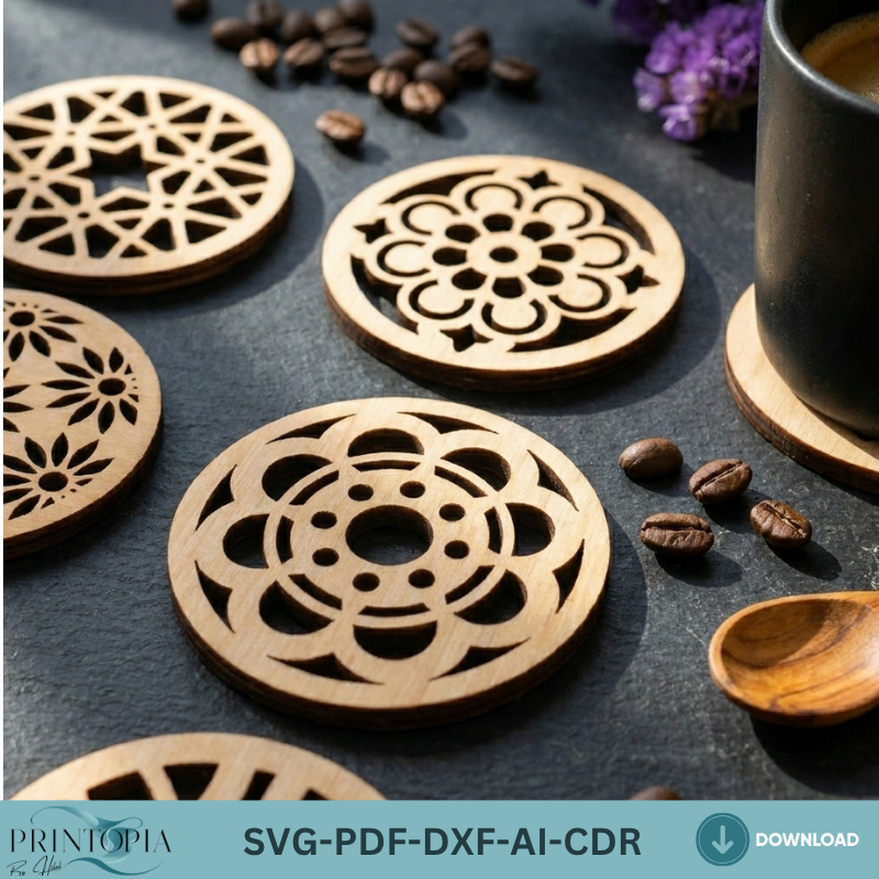 Modern Geometric Floral Wood Coaster Templates Plywood Kitchen Decor Patterns