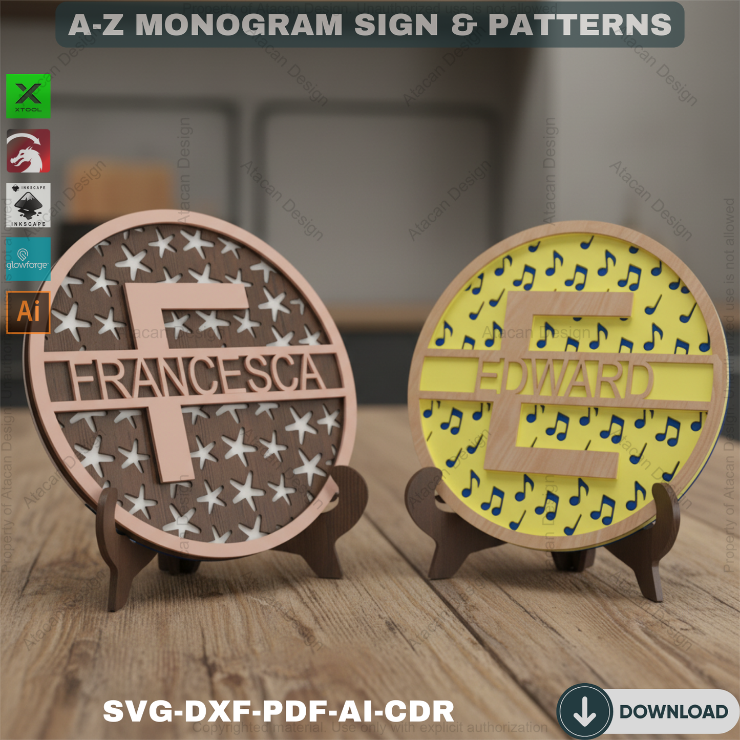 Personalized Split Monogram Name Sign - Custom Family Name with Patterned Backer 556