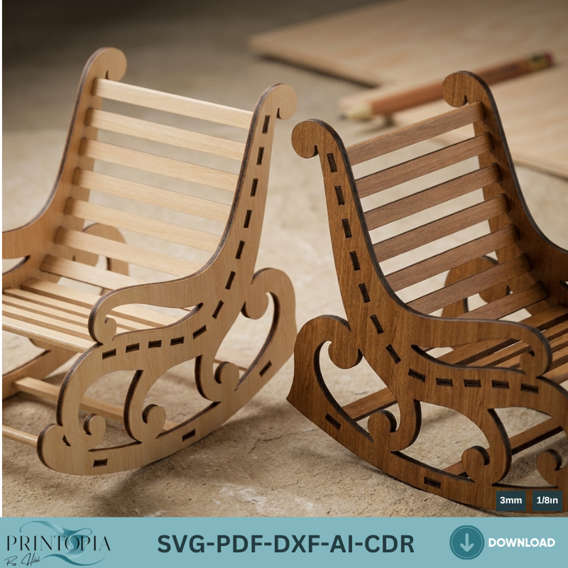 Miniature Rocking Chair Laser Cut Files for Dollhouse Furniture Wooden Mini Chair Vector Template