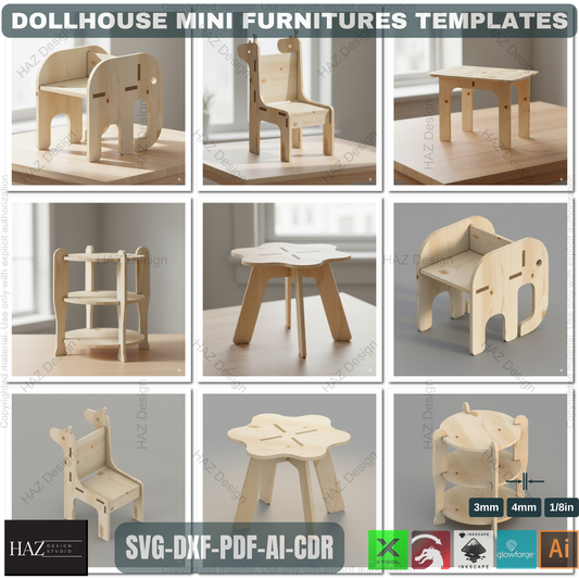 Dollhouse Miniature Furniture SVG Laser Cut Files - 1/12 Scale Mini Chair Table Shelf - Digital Download for Glowforge XTool 473