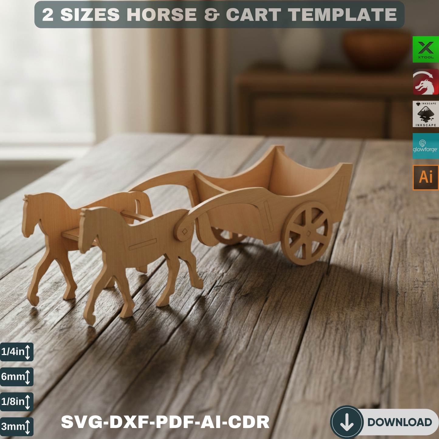 Laser Cut Horse Cart SVG DXF - Farm Wagon Template, Wooden Toy Plan, Glowforge Files, Digital Download, 2 Sizes, DIY Craft Kit 155