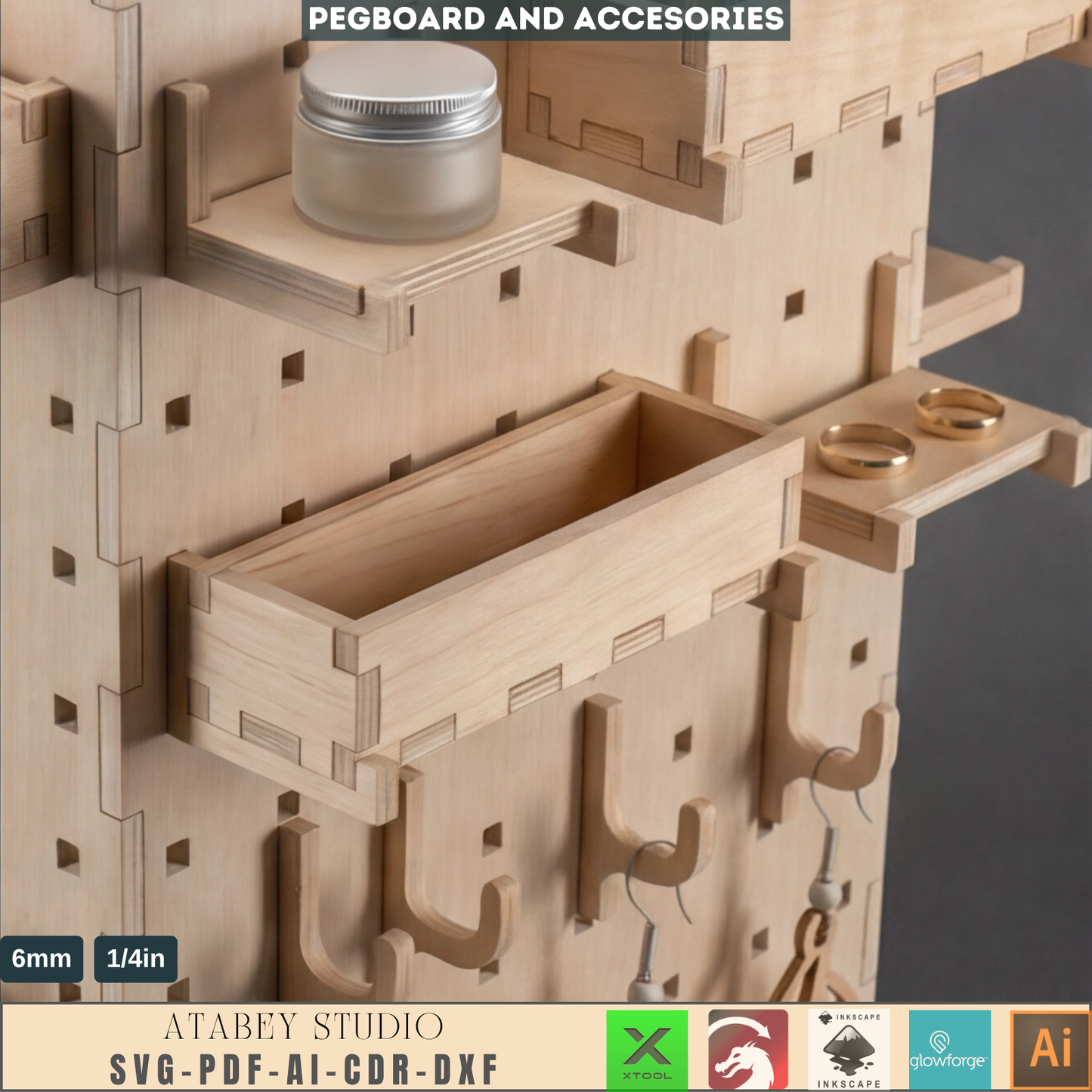 Multi Functional Pegboard Box Earring Display - Jewelry Stand with Hooks and Shelves