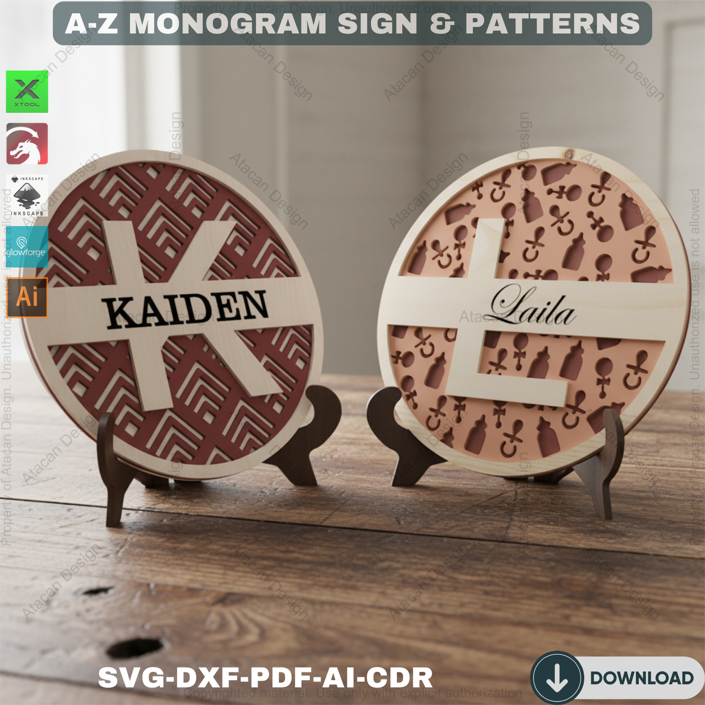 Personalized Split Monogram Name Sign - Custom Family Name with Patterned Backer 556