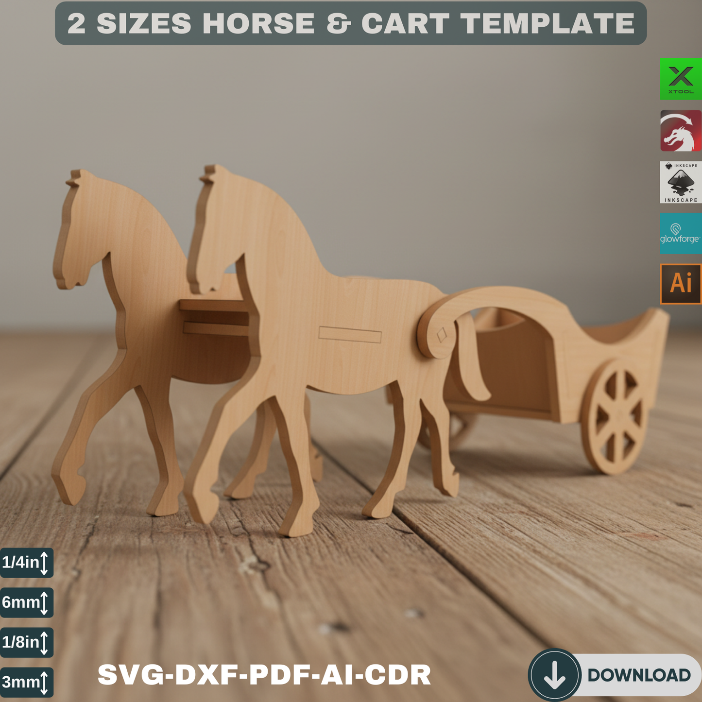 Laser Cut Horse Cart SVG DXF - Farm Wagon Template, Wooden Toy Plan, Glowforge Files, Digital Download, 2 Sizes, DIY Craft Kit 155