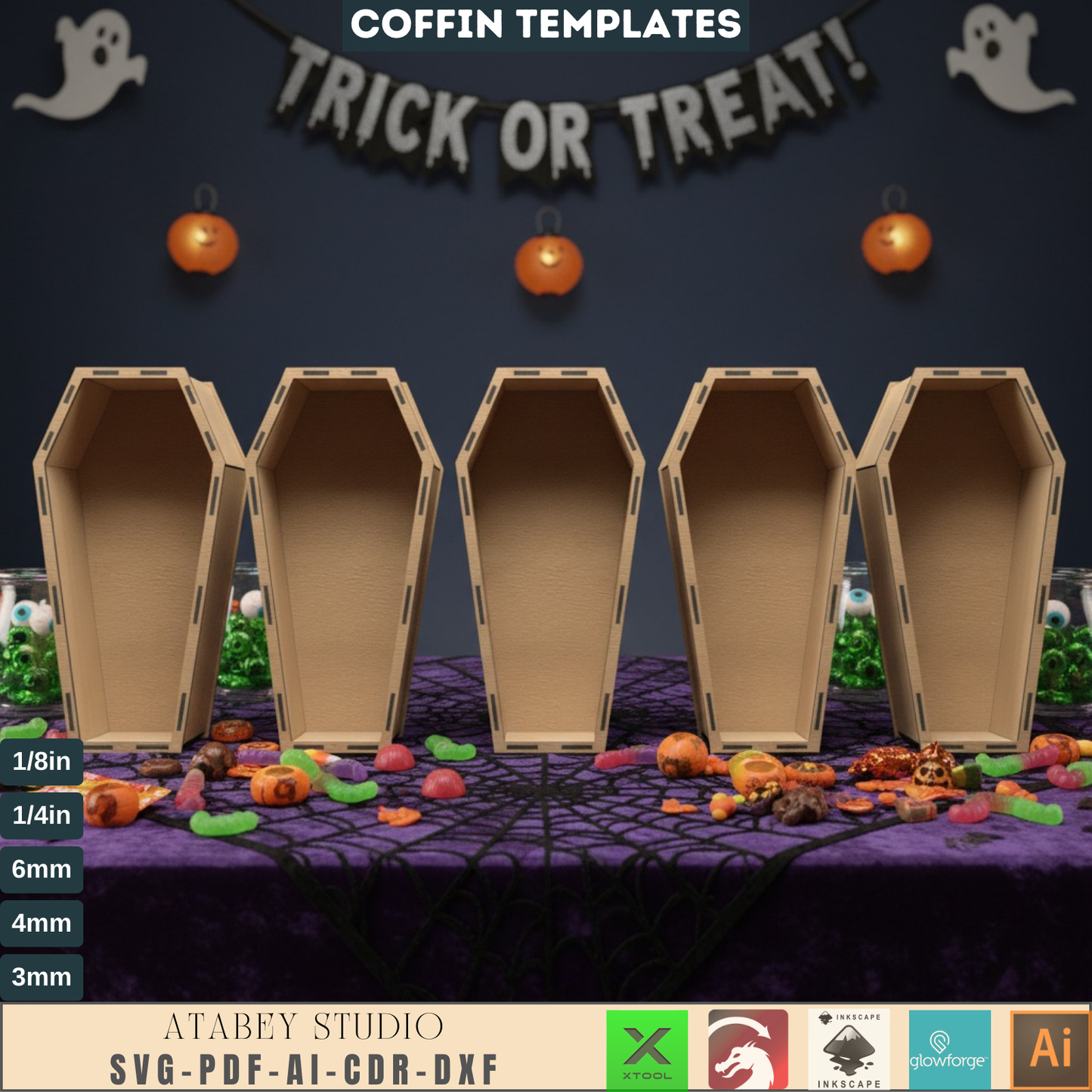 Halloween Coffin Candy Box SVG DXF AI PDF CDR Laser Cut Files, Spooky Treat Holder, DIY Kit, Digital Download for Glowforge, xTool 560