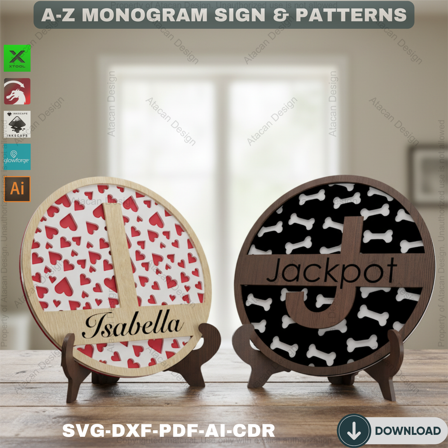 Personalized Split Monogram Name Sign - Custom Family Name with Patterned Backer 556