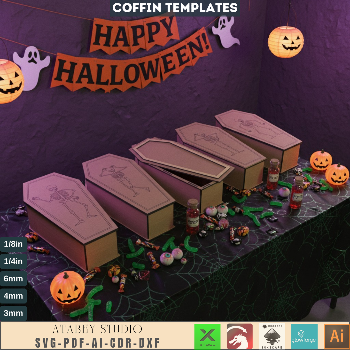 Halloween Coffin Candy Box SVG DXF AI PDF CDR Laser Cut Files, Spooky Treat Holder, DIY Kit, Digital Download for Glowforge, xTool 560