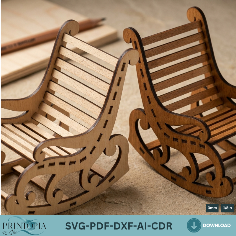 Miniature Rocking Chair Laser Cut Files for Dollhouse Furniture Wooden Mini Chair Vector Template