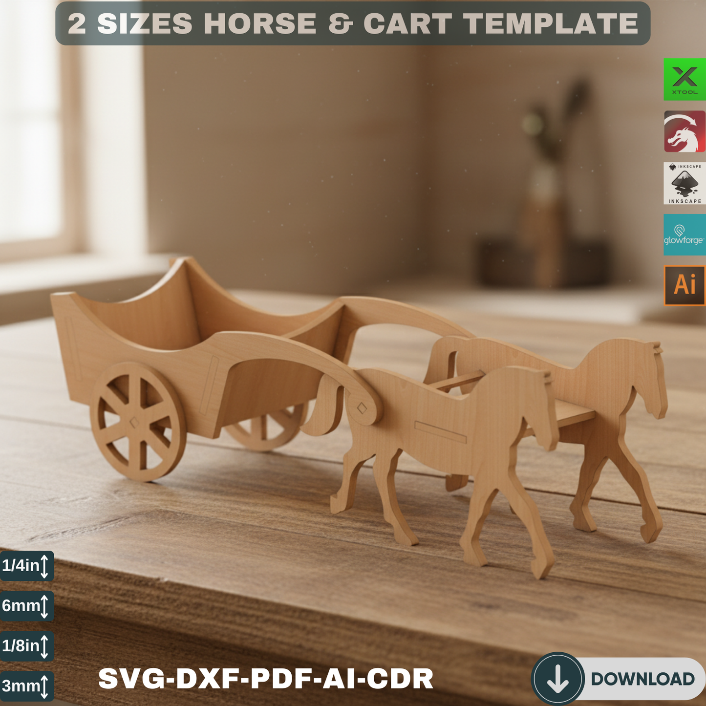 Laser Cut Horse Cart SVG DXF - Farm Wagon Template, Wooden Toy Plan, Glowforge Files, Digital Download, 2 Sizes, DIY Craft Kit 155