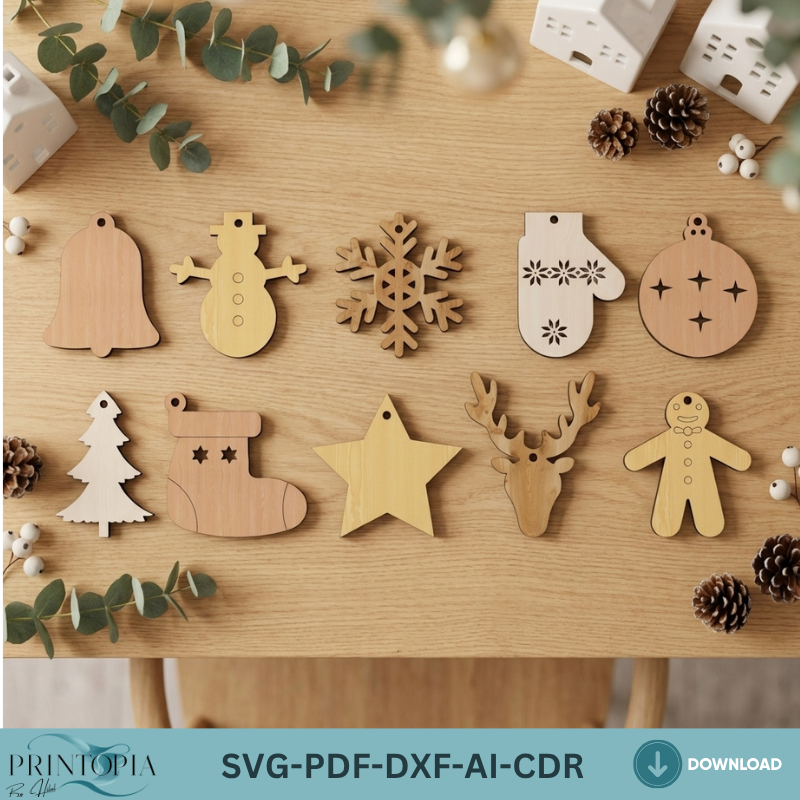Christmas Ornaments Set / New Year Objects Laser Cut / Noel Vector Files