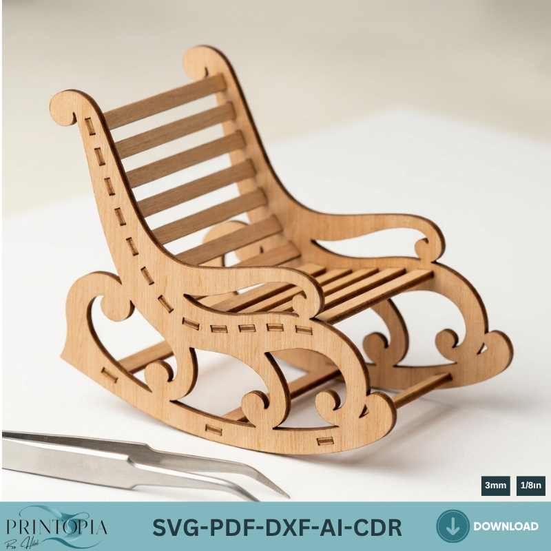 Miniature Rocking Chair Laser Cut Files for Dollhouse Furniture Wooden Mini Chair Vector Template