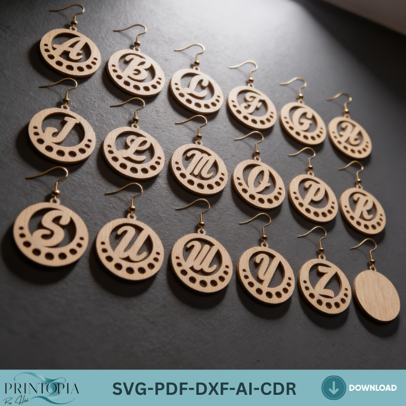 Alphabet Initial Earrings Laser Cut Template Wooden Monogram Jewelry Design
