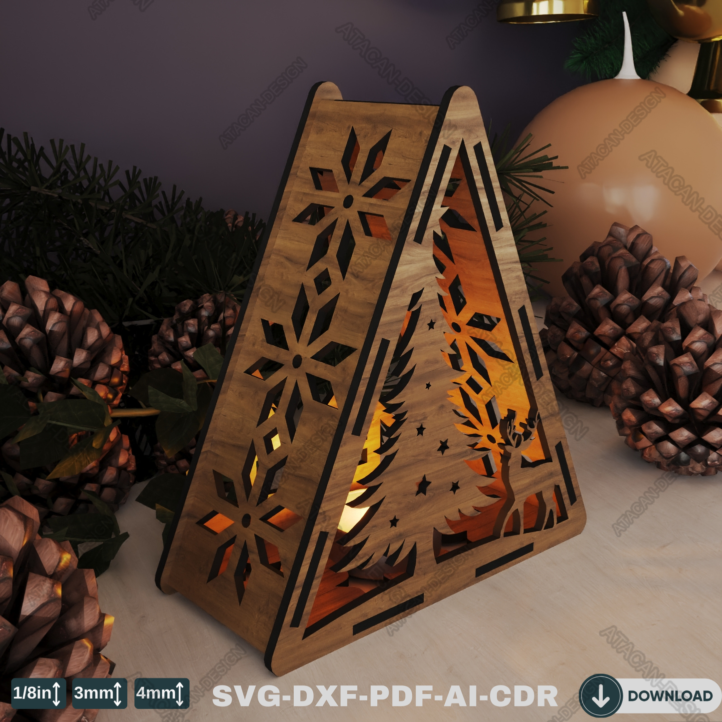 Christmas Triangle Candle Holder - Laser Cut Lamp Design for Night Light Décor 778