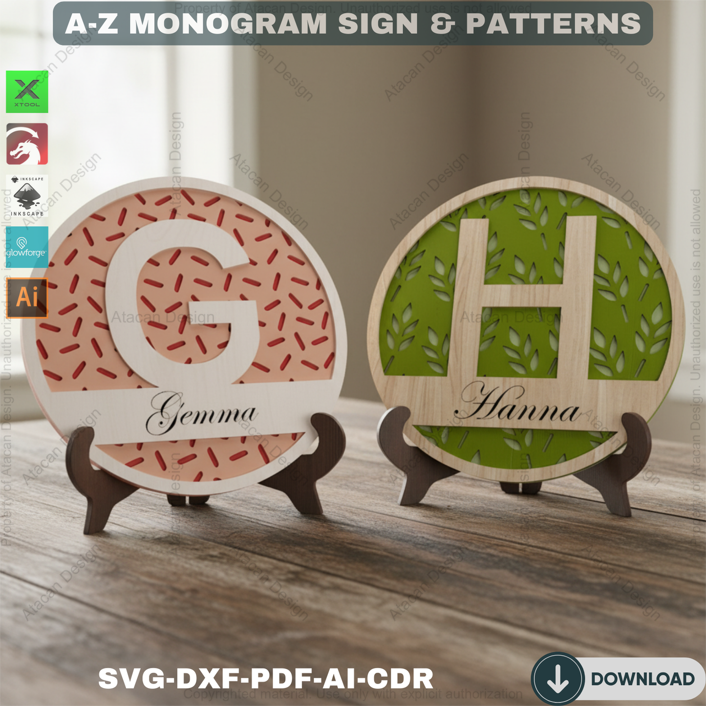 Personalized Split Monogram Name Sign - Custom Family Name with Patterned Backer 556