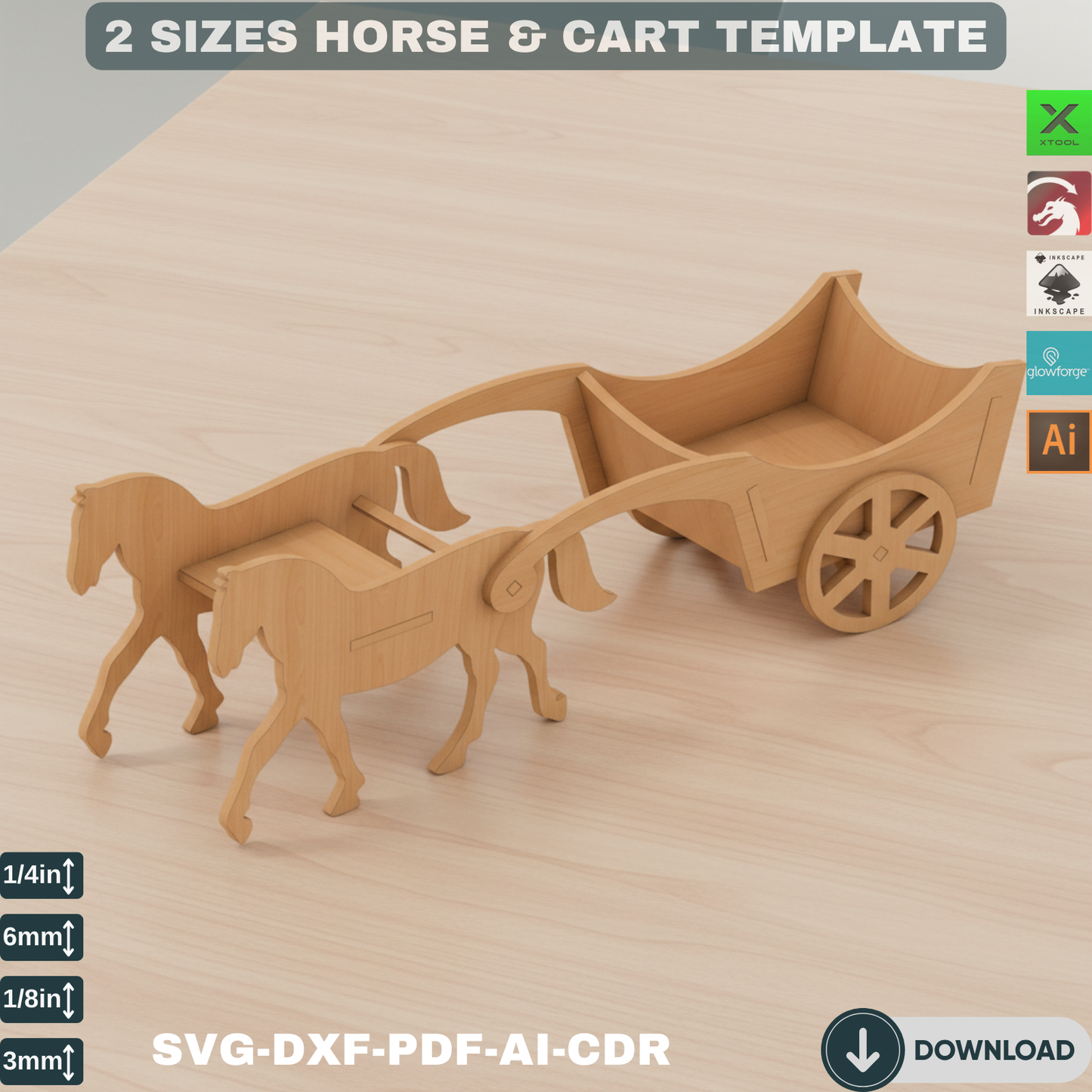 Laser Cut Horse Cart SVG DXF - Farm Wagon Template, Wooden Toy Plan, Glowforge Files, Digital Download, 2 Sizes, DIY Craft Kit 155