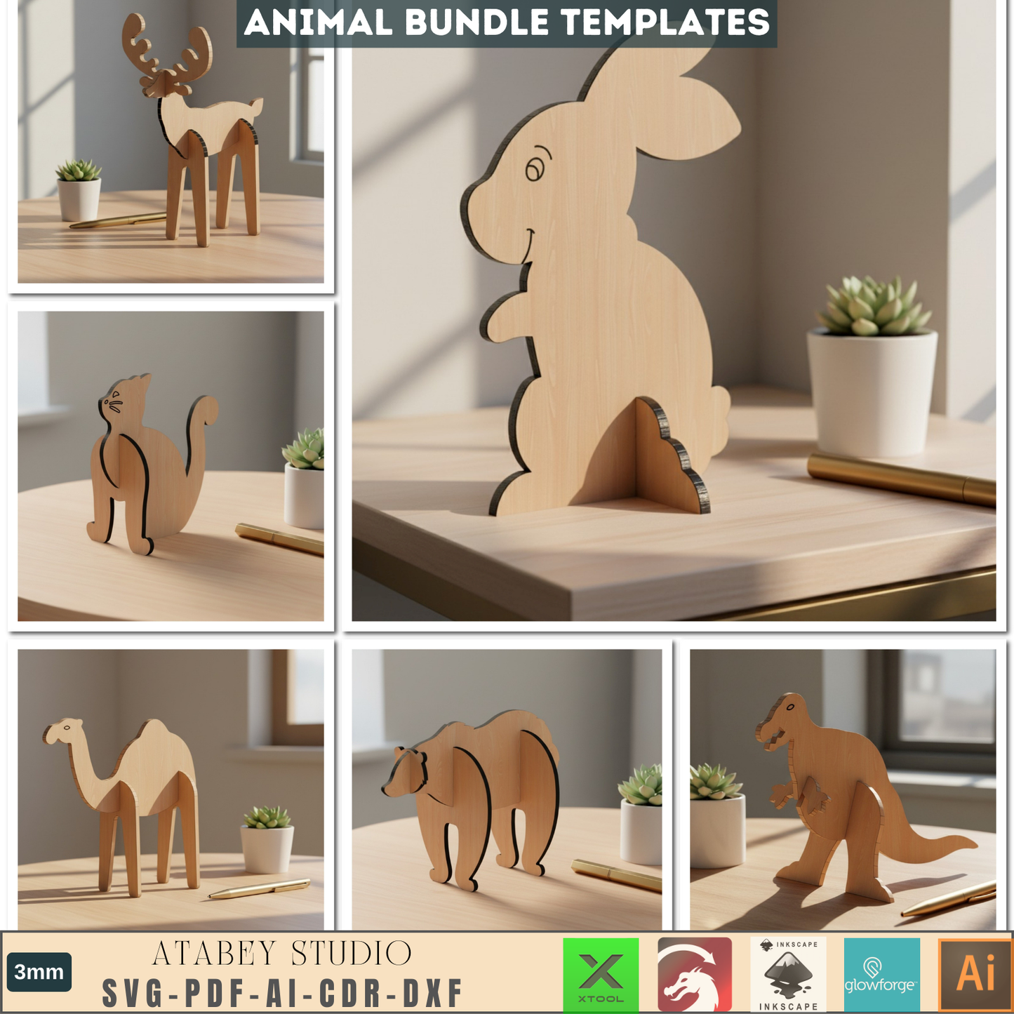 aser Cut Animal SVG Bundle, Wooden Animal Puzzle Files, Digital Decor DIY Kit, Glowforge XTool Ready Files