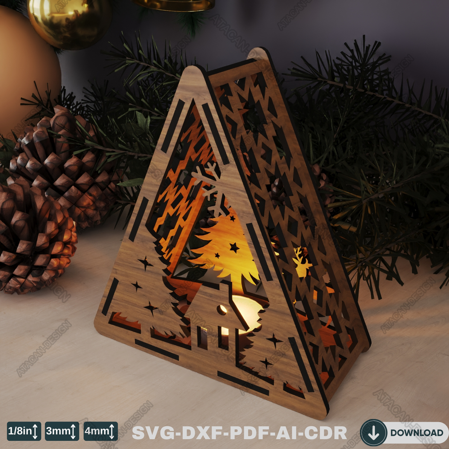 Christmas Triangle Candle Holder - Laser Cut Lamp Design for Night Light Décor 778