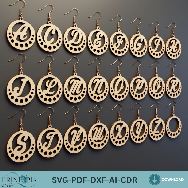 Alphabet Initial Earrings Laser Cut Template Wooden Monogram Jewelry Design