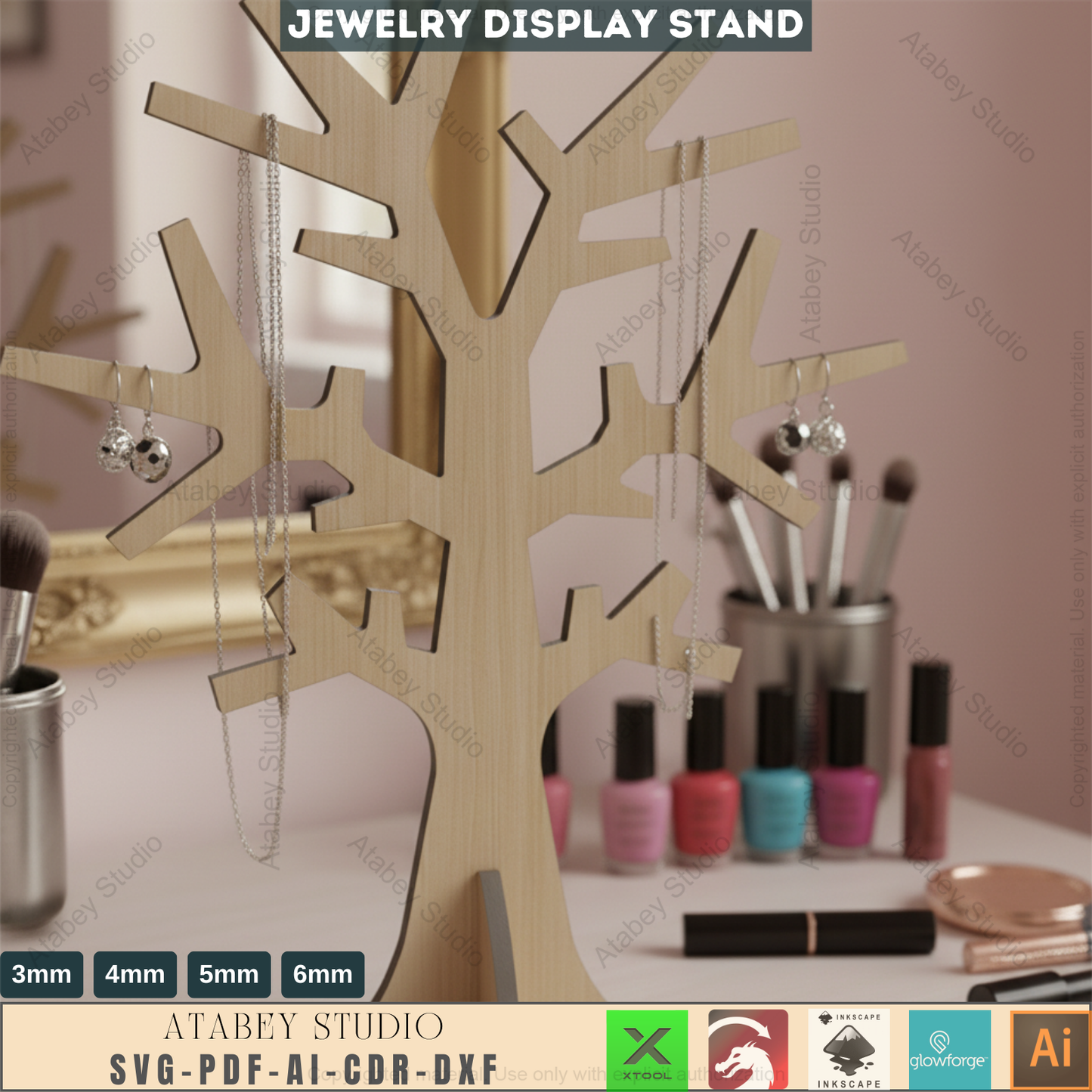 Wooden Jewellery Tree Earring Holder / Standing Trees / Tree Stand Organiser Glowforge SVG DXF Ai CDR Pdf 278