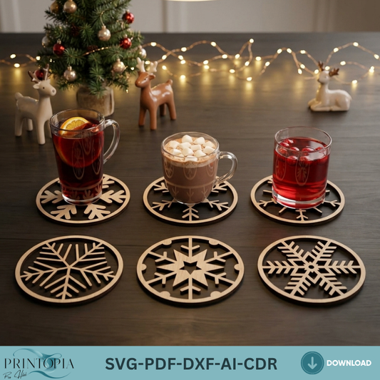 Snowflake Coaster Set Laser Cut Files Winter Kitchen Decor Christmas Coaster Trivet Bundle