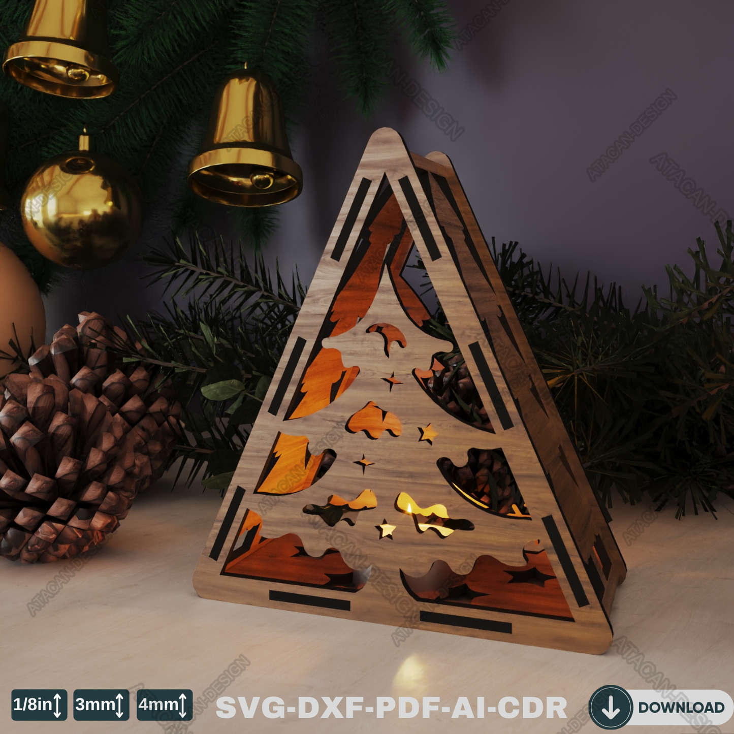 Christmas Triangle Candle Holder - Laser Cut Lamp Design for Night Light Décor 778