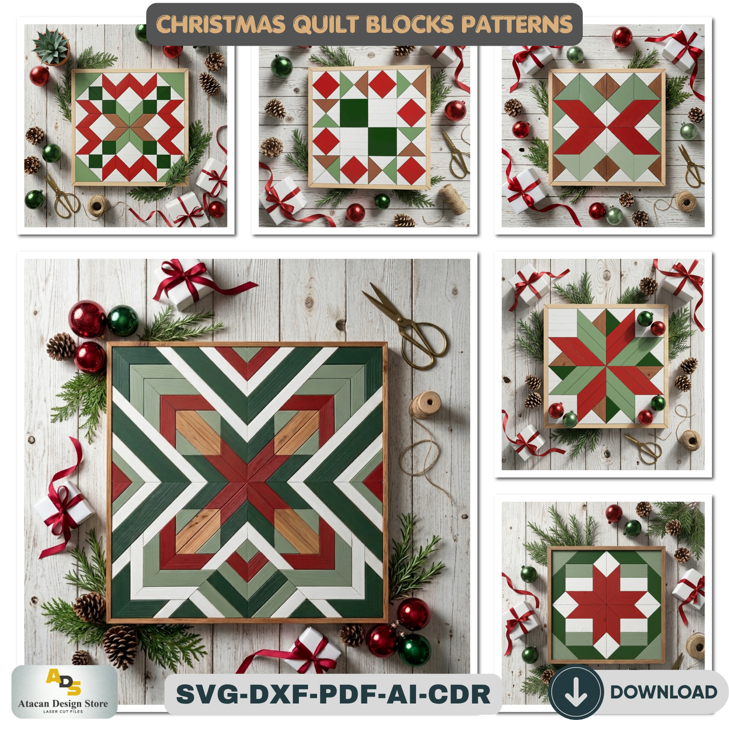 Holiday Barn Quilt SVG Pack, Christmas Wood Block Pattern for Laser Cutting, Farmhouse Winter Wall Art, DIY Festive Sign Files 892