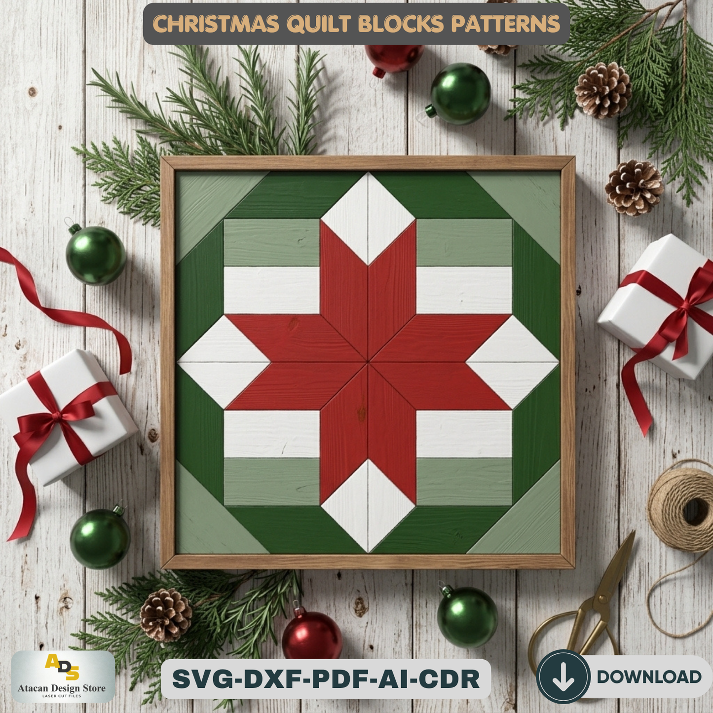 Holiday Barn Quilt SVG Pack, Christmas Wood Block Pattern for Laser Cutting, Farmhouse Winter Wall Art, DIY Festive Sign Files 892