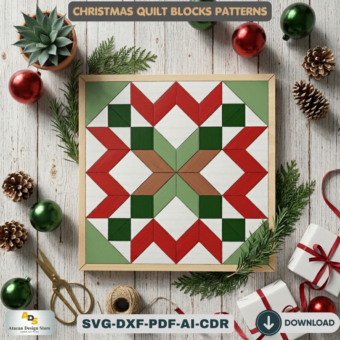 Holiday Barn Quilt SVG Pack, Christmas Wood Block Pattern for Laser Cutting, Farmhouse Winter Wall Art, DIY Festive Sign Files 892